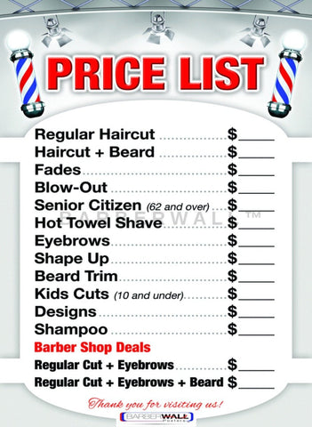 Barber Shop Price List by Barberwall®, barber shop poster Laminated 24 x 36 inches