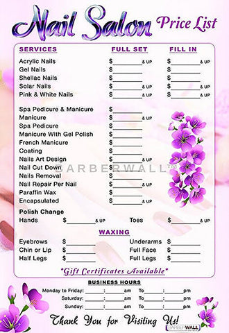 Nail Salon Price List 24 x 36 inches Laminated - Nail Salon Decor at barberwall.com