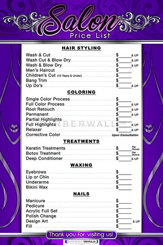Price List For Beauty Salon by Barberwall®, Beauty Salon Poster already laminated - Salon Poster