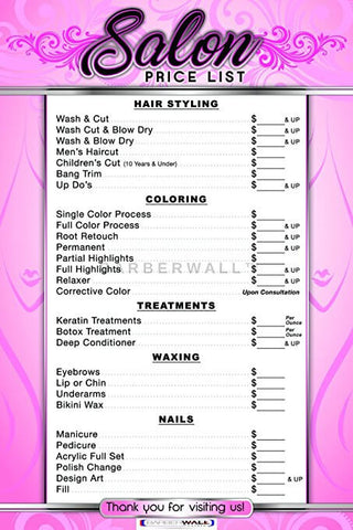 Beauty Salon Price List by Barberwall® - Re-writable Salon Price List 24 x 36 inches Laminated at barberwall.com